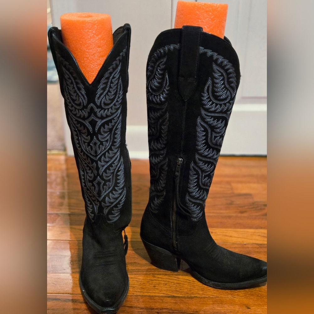 Black Embroidered Tall Cowboy Boots - image 2